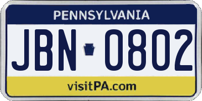 PA license plate JBN0802