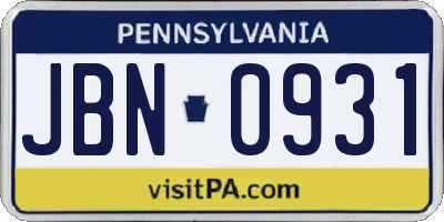 PA license plate JBN0931