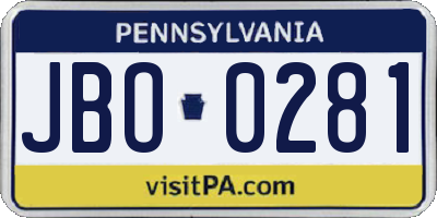 PA license plate JBO0281