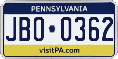 PA license plate JBO0362