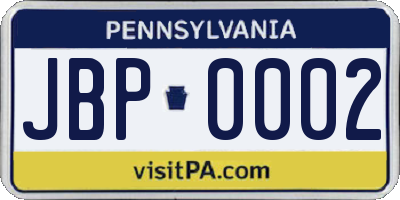 PA license plate JBP0002