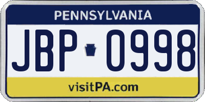 PA license plate JBP0998