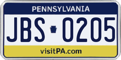 PA license plate JBS0205