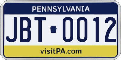 PA license plate JBT0012