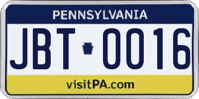 PA license plate JBT0016
