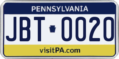 PA license plate JBT0020