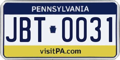 PA license plate JBT0031