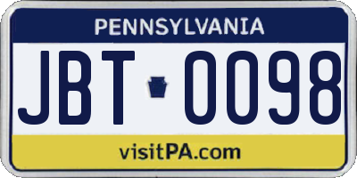 PA license plate JBT0098