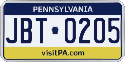 PA license plate JBT0205