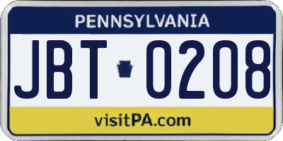 PA license plate JBT0208