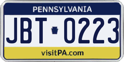 PA license plate JBT0223