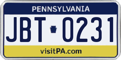 PA license plate JBT0231