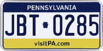 PA license plate JBT0285