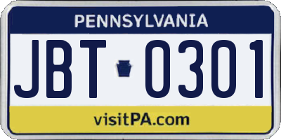 PA license plate JBT0301