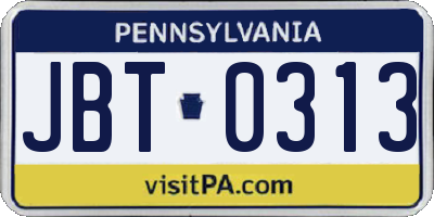 PA license plate JBT0313