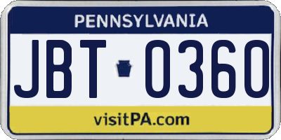 PA license plate JBT0360