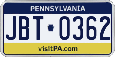 PA license plate JBT0362