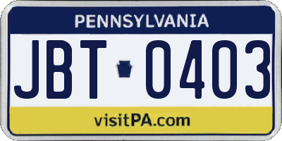 PA license plate JBT0403