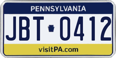 PA license plate JBT0412