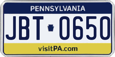 PA license plate JBT0650