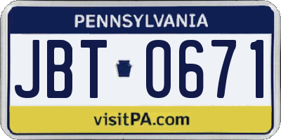 PA license plate JBT0671