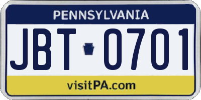 PA license plate JBT0701