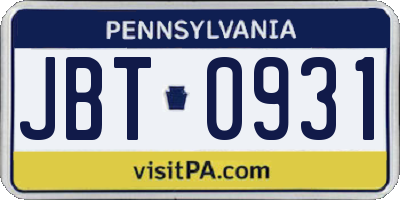 PA license plate JBT0931