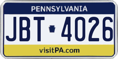 PA license plate JBT4026