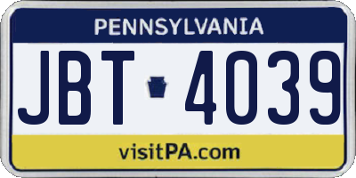 PA license plate JBT4039