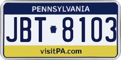PA license plate JBT8103