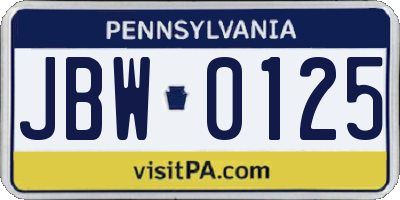 PA license plate JBW0125
