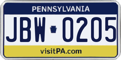 PA license plate JBW0205