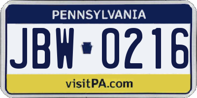 PA license plate JBW0216