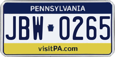 PA license plate JBW0265
