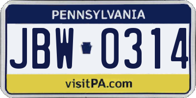 PA license plate JBW0314