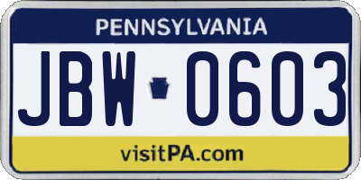 PA license plate JBW0603