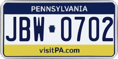 PA license plate JBW0702