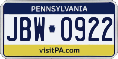 PA license plate JBW0922