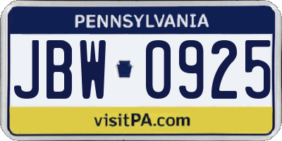 PA license plate JBW0925