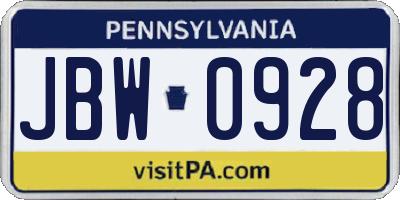 PA license plate JBW0928