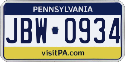 PA license plate JBW0934