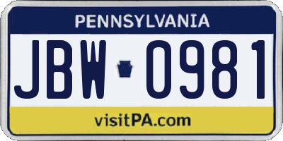 PA license plate JBW0981