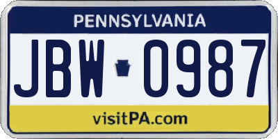 PA license plate JBW0987