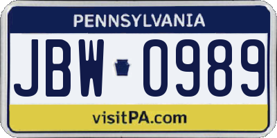 PA license plate JBW0989