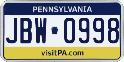 PA license plate JBW0998