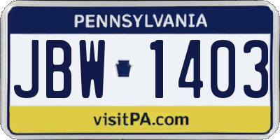 PA license plate JBW1403