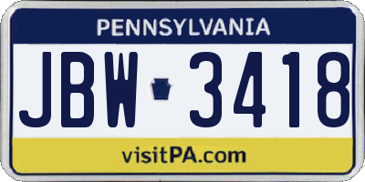 PA license plate JBW3418