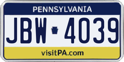 PA license plate JBW4039