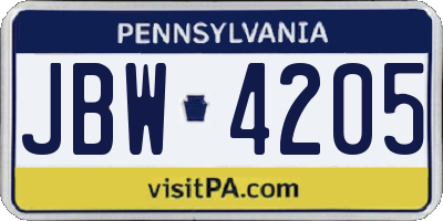 PA license plate JBW4205