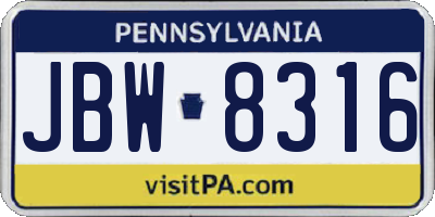 PA license plate JBW8316